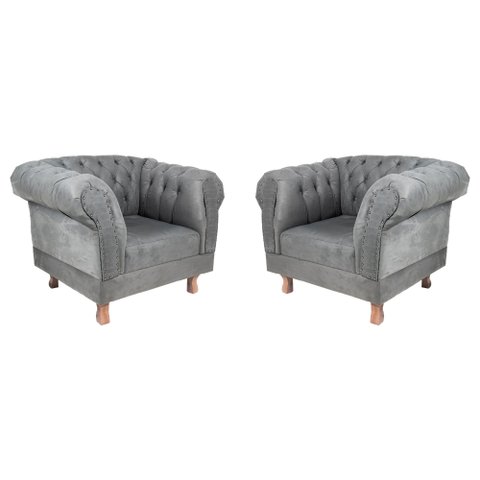 Duas Poltronas Chesterfield Capitone Suede Cinza Decorativa / Sala, Tv, Estar, Recepção