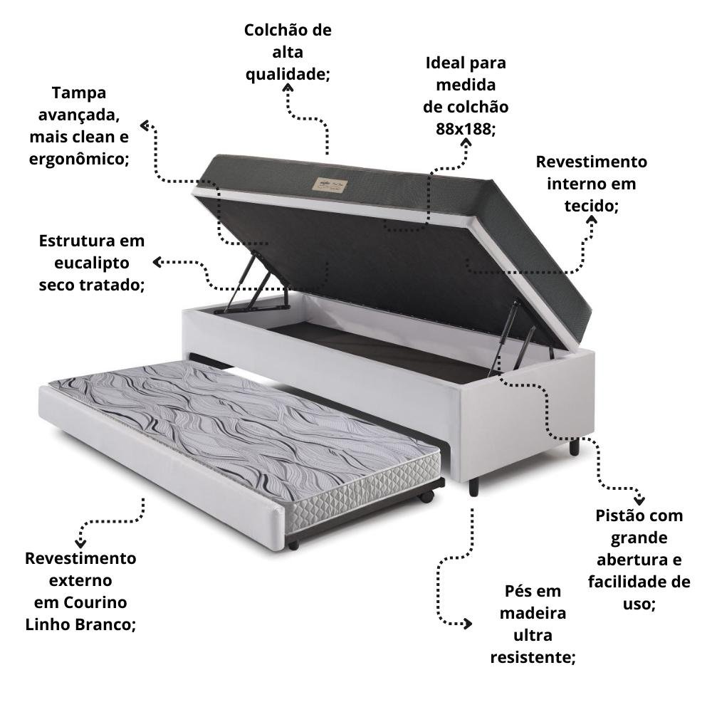 Bicama Box Baú Solteiro 88x188 Courino Linho Branco com Colchão Dual Firm Ecoflex - 4