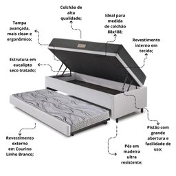 Bicama Box Baú Solteiro 88x188 Courino Linho Branco com Colchão Dual Firm Ecoflex - 5