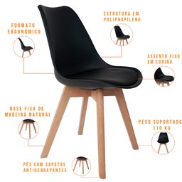 Cadeira Decorativa para Sala de Jantar Ayla com Base de Madeira E01 Preto - Lyam Decor - 3