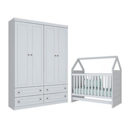 Jogo de Quarto com Berço Montessoriano Cabana e Roupeiro Americano 4 Portas Branco - Móveis Henn - 1