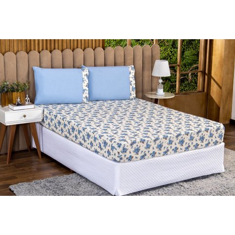Lençol Casal Avulso sem Elástico 180 Fios Algodão Estampado:florzinha-azul
