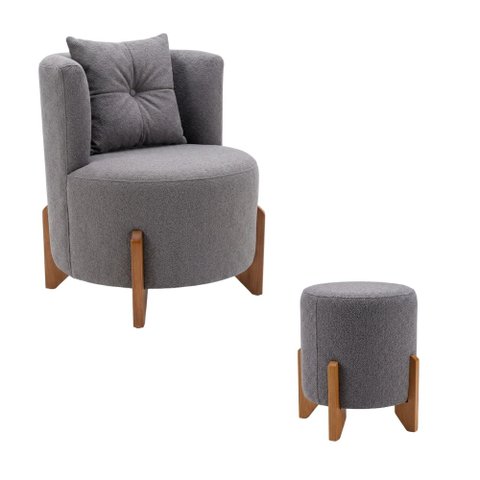 Kit Poltrona e Puff Luna Decorativa Curvo Orgânico Boucle Cinza - Montanaris Decor