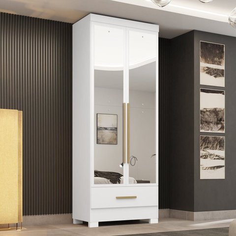 Guarda-Roupa 100% MDF 2 Portas 1 Gaveta com Espelhos Smart Plus Espresso Móveis Branco