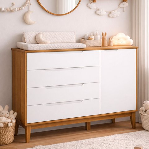 Comoda Sapateira Elfe Classic 1 Porta 4 Gavetas Branco Fosco com Savana - Moveisaqui