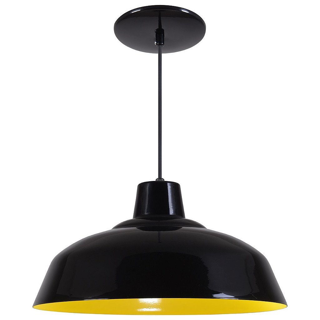 Pendente Retrô 34cm Luminária Lustre Alumínio Preto Brilhante C/ Amarelo - T&T Iluminação