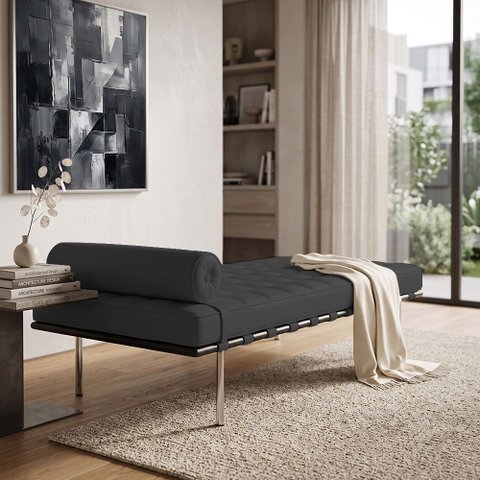 Couch Barcelona Couro Natural Linha Premium Design Modernista Sala Recepção Alto Padrão - Preto