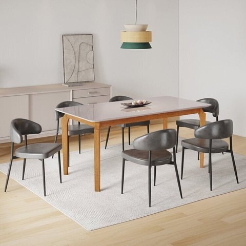 Conjunto Sala de Jantar Mesa com Vidro Candian 6 Cadeiras Bless Marrom/Off White/Preto