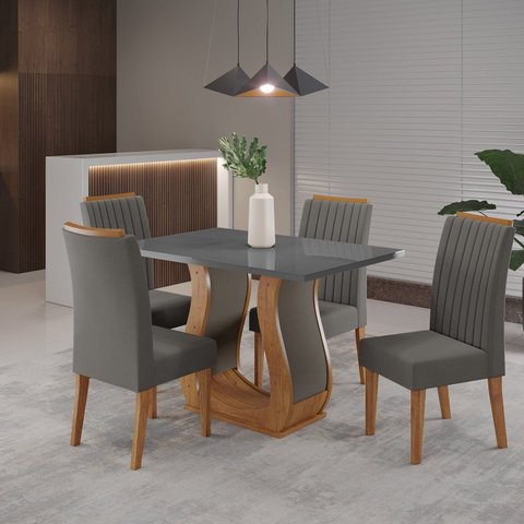 Conjunto Mesa de Jantar Retangular Amore 120x80cm com Vidro e 4 Cadeiras Yescasa Cinza/Mel/Grafite