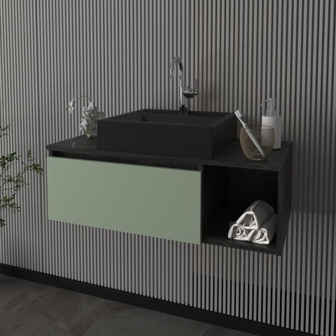 Gabinete Suspenso para Banheiro 80cm 1 Porta Basculante 1 Nicho Preto/Mármore Lunar/Verde Mar