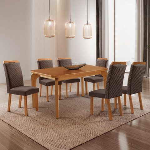 Mesa de Jantar Liz 180 cm Tampo MDF Laminado Canto Copo com 6 Cadeiras Aline