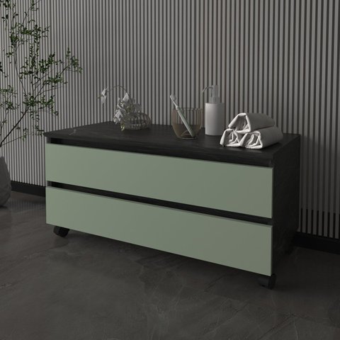 Balcão Gabinete para Banheiro 80cm com Rodízio e 2 Gavetas BN3603 Preto/Mármore Lunar/Verde Mar