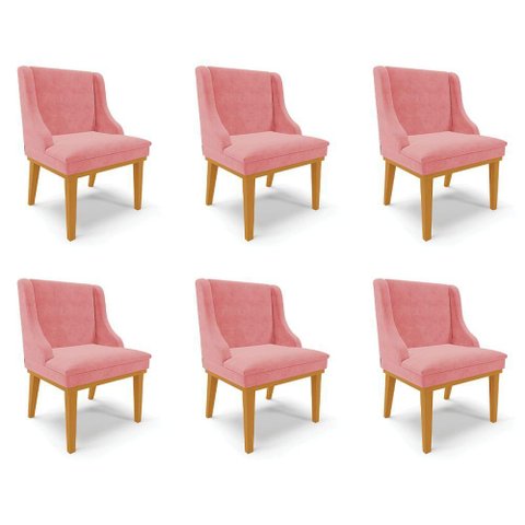 Kit 6 Cadeiras Decorativas Sala de Jantar Base Fixa de Madeira Firenze Suede Rose/castanho G19 -