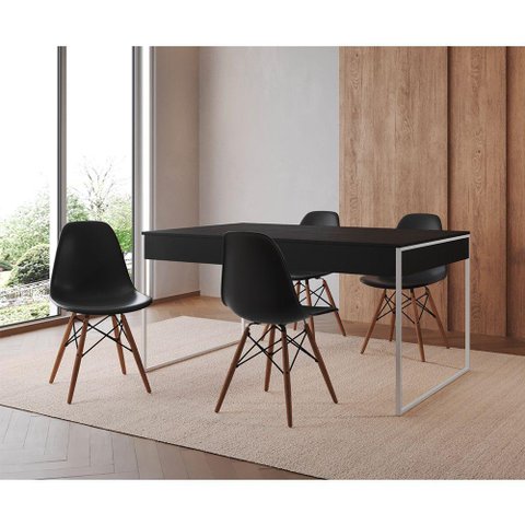 Mesa Jantar Industrial Retangular Filadélfia Preta 137x90cm Base Ferro Branco com 4 Cadeiras Pretas