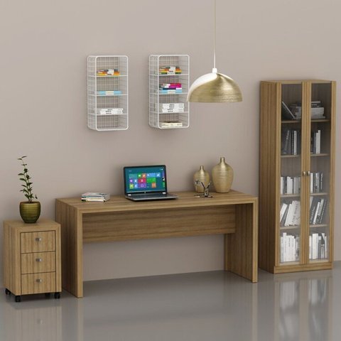Conjunto 3 Peças com Escrivaninha ME4109, Armário Multiuso ME4115 e Gaveteiro ME4108 Amendoa Marrom