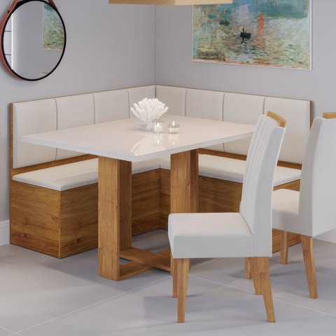 Conjunto Canto Baú com Mesa de Jantar Retangular 120x80cm de Vidro e 2 Cadeiras