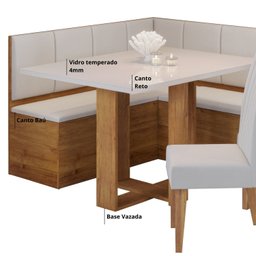 Conjunto Canto Baú com Mesa de Jantar Retangular 120x80cm de Vidro e 2 Cadeiras - 6