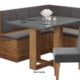 Conjunto Canto Baú com Mesa de Jantar Retangular 120x80cm de Vidro e 2 Cadeiras - 6