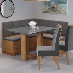 Conjunto Canto Baú com Mesa de Jantar Retangular 120x80cm de Vidro e 2 Cadeiras - 1