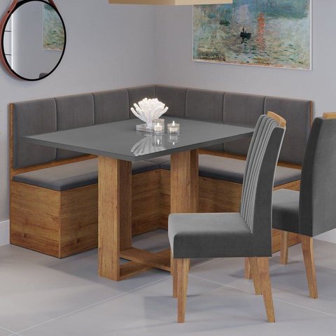 Conjunto Canto Baú com Mesa de Jantar Retangular 120x80cm de Vidro e 2 Cadeiras Yescasa Cinza/Mel/Br
