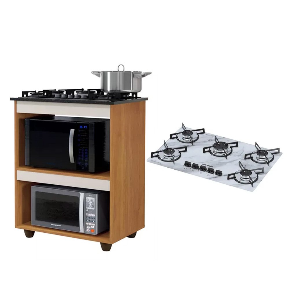 Kit Balcão para Cooktop Cozinha Kaiki Turim Nature Off White com Fogão Cooktop 5 Bocas Ultra Chama B - 1