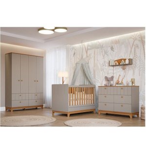 Quarto de Bebê 3 Pçs com Berço, Cômoda 6 Gavetas e Gr 4 Portas 4 Gavetas Chantilly