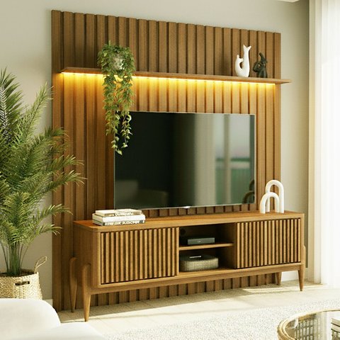 Rack Painel Ripado LED MDF 177cmx218cm London Tvs 70” + Sereno 1600 com Portas Deslizantes Marrom Cedro Freijó Acetinado