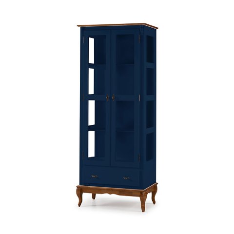 Cristaleira 2 Portas e Laterais em Vidro 1 Gaveta Pés Luis Xv Madeira - Laca Azul Bic/imbuia