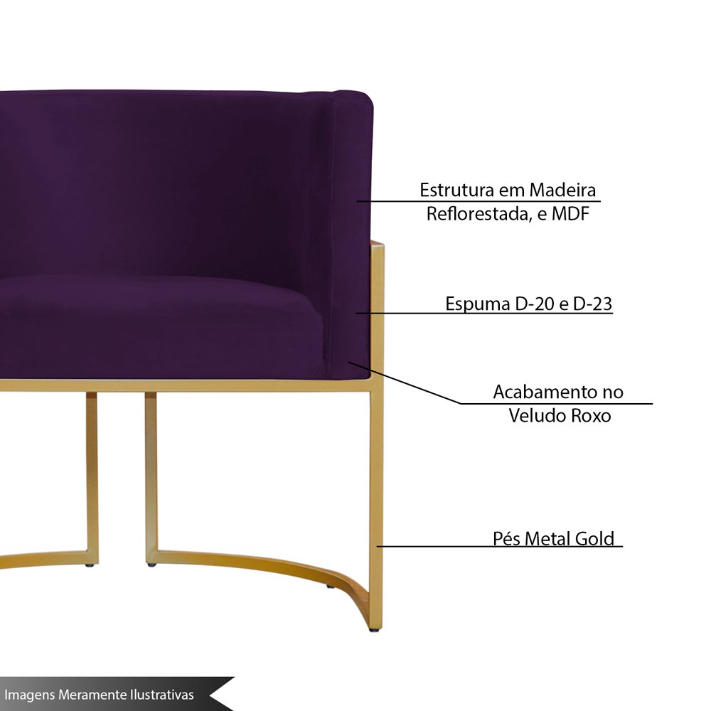 Kit 2 Poltronas Decorativa Sala de Estar Luana Base Gold Veludo Roxo - Montanaris Decor - 3