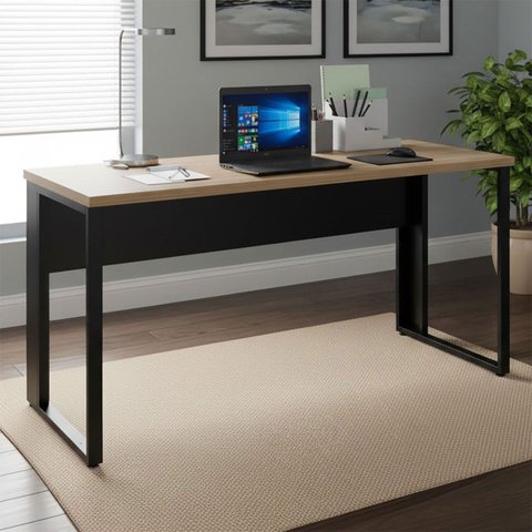 Mesa de Escritório Industrial 150cm X 60cm Pé Metal Mc Pr F5 Cor:macadâmia com Preto
