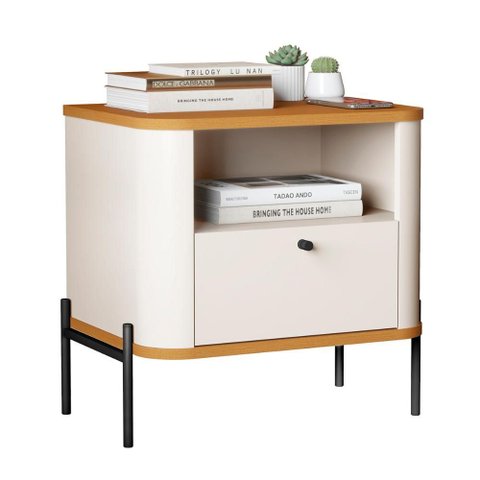 Mesa de Cabeceira Quarto Tucupí Slim 1 Gaveta e Pés de Metal Off White/nature/preto