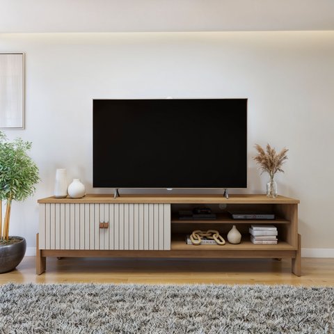 Rack para TV até 55 Polegadas MDF 164,5cm Frisado Ouro Preto Bege