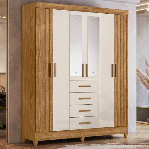 Guarda Roupa Casal Espelho 6p 165 Cm Aruba Freijo Off White Friso Moval