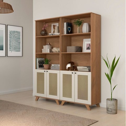 Conjunto 2 Estantes Multiuso Livros 140cm Palhinha Marrom