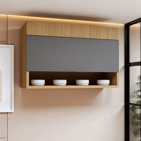 Armário Aéreo 1 Porta Basculante e Nicho 120cm 100% MDF Realeza Premium Cinza/Carvalho/Titânio