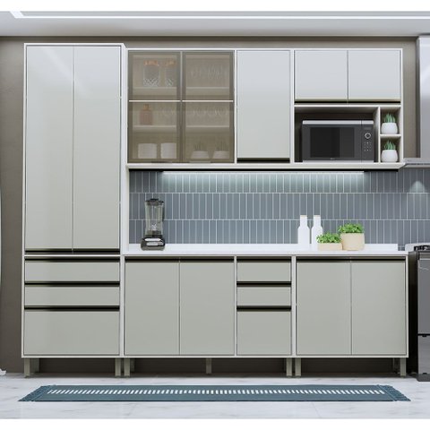 Cozinha Modulada Completa 5 Peças 270cm com Vidro Reflecta e Tampo Linea Luciane Móveis