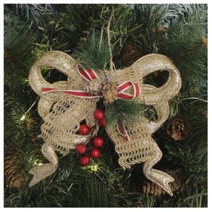 Kit 12 Enfeite Pendente Natalino Laço Dourado com Brilho Natal 18cm