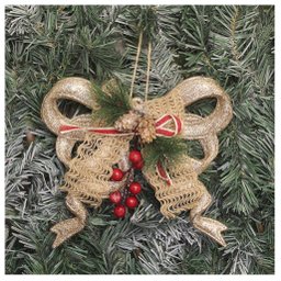 Kit 12 Enfeite Pendente Natalino Laço Dourado com Brilho Natal 18cm - 3