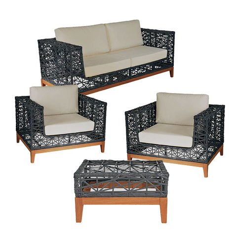 Jogo de Sofá 2 Lugares + 2 Poltronas Fibra Sintética Área Externa Jardim Piscina