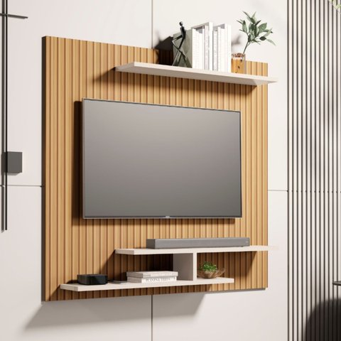 Painel Osiris para Tvs de até 32" com 3 Praleteiras Moderno:ripado/branco