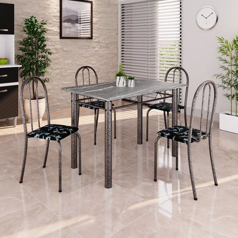 Conjunto de Mesa Tubular 100cm x 60cm Tampo em Granito com 4 Cadeiras Prata/Preto