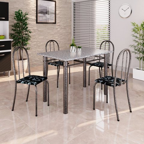 Conjunto de Mesa Tubular 100cm x 60cm Tampo em Granito com 4 Cadeiras Prata/Preto