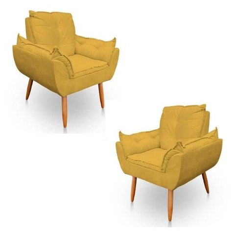 Kit 2 Poltrona Decorativa Opala Pés Palito Sued Amarelo - Kimi Design