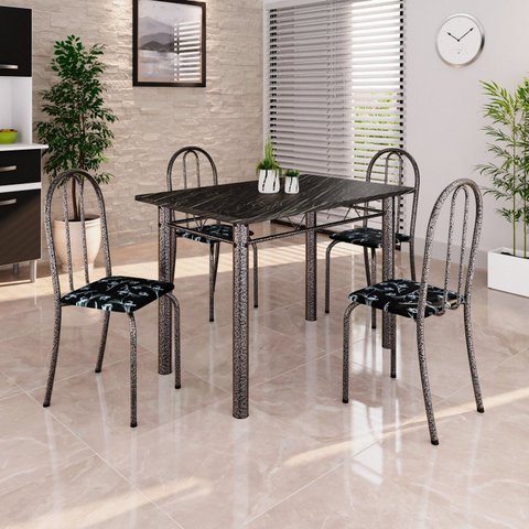 Conjunto de Mesa Tubular 100x60cm Tampo em Ardósia Indiano com 4 Cadeiras Ane B Soma Móveis Prata/Preto