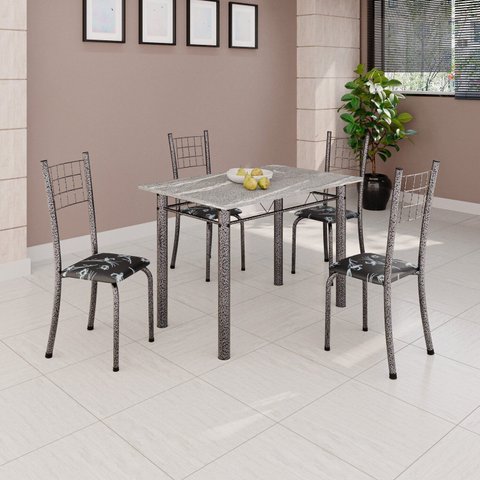 Conjunto de Mesa Tubular 100x60cm Tampo em Topázio com 4 Cadeiras Dany Prata/Preto