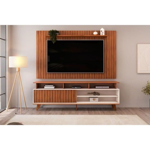 Home P/ Tv até 65 Pol Lume/flow Ripado C/ Porta e Nichos 180x168cm Freijó/off White - Dj Móveis