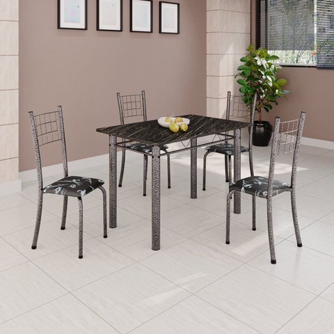 Conjunto de Mesa Tubular 100cm x 60cm com Tampo e 4 Cadeiras Dany Prata/Preto