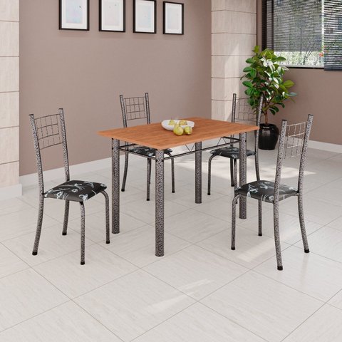 Conjunto de Mesa Tubular 100x60cm Tampo em MDF com 4 Cadeiras Dany Prata/Preto