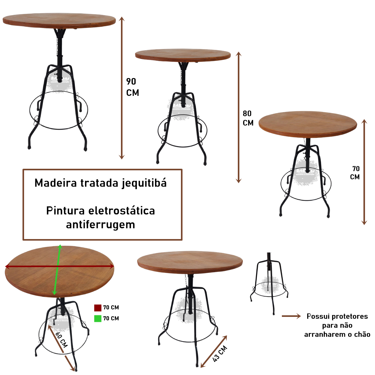 Mesa Bistrô 70cm Giratória Redonda Ferro Madeira Artesanal Rústica - 2