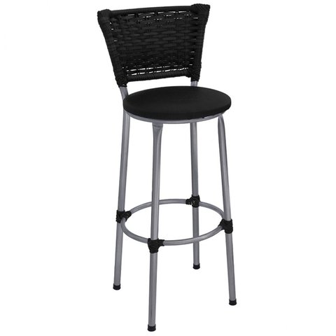 Banqueta Alta Prata com Encosto Junco Preto Assento Preto